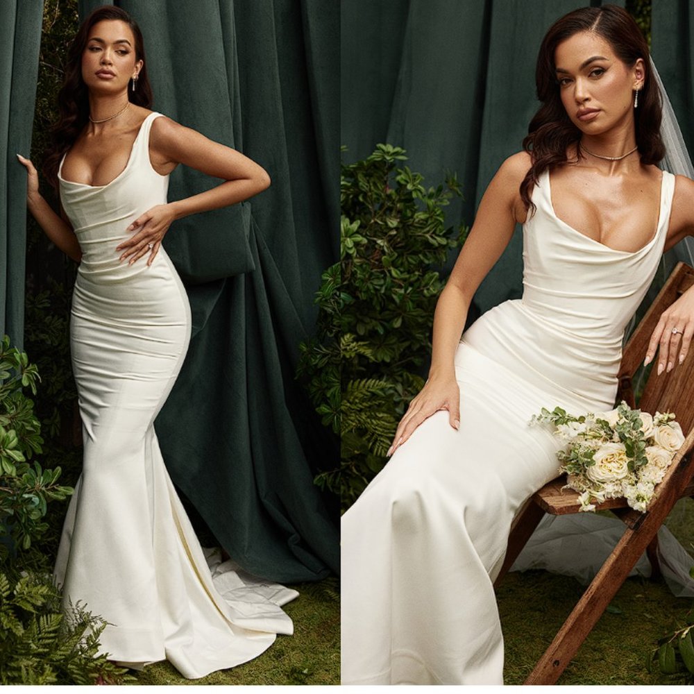 HOUSE OF CB 'Emilie' Off White Satin Mermaid Bridal Gown NWOT - Picture 2 of 16